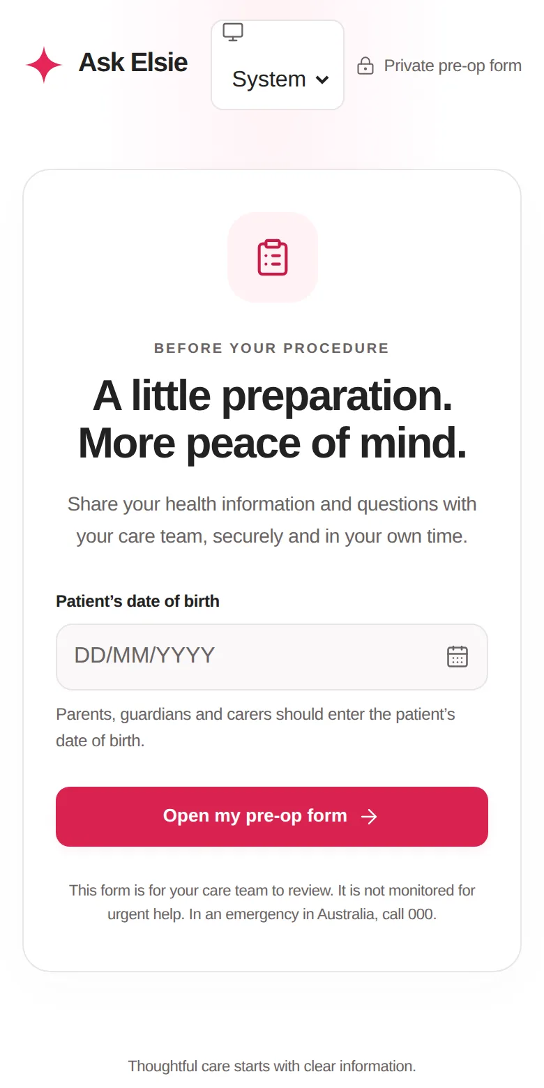 A patient confirming their date of birth to open a private pre-op form